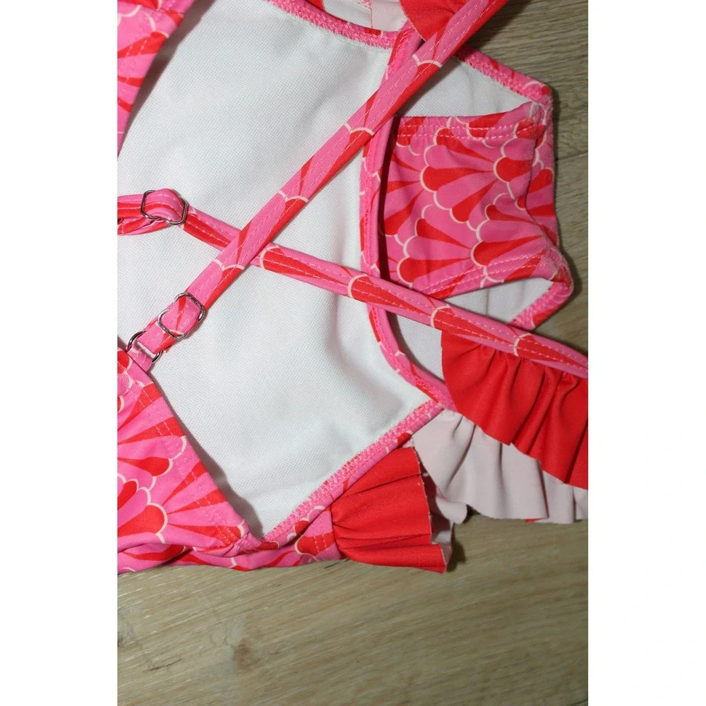 The Oaks Apparel Company Girls Pink Red Seashell Ruffle One‎ Piece Swimsuit 4Y